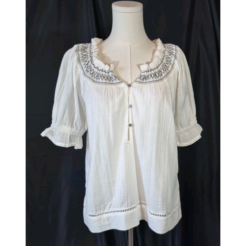 Sundance White Cotton Black Embroidered Top New Small